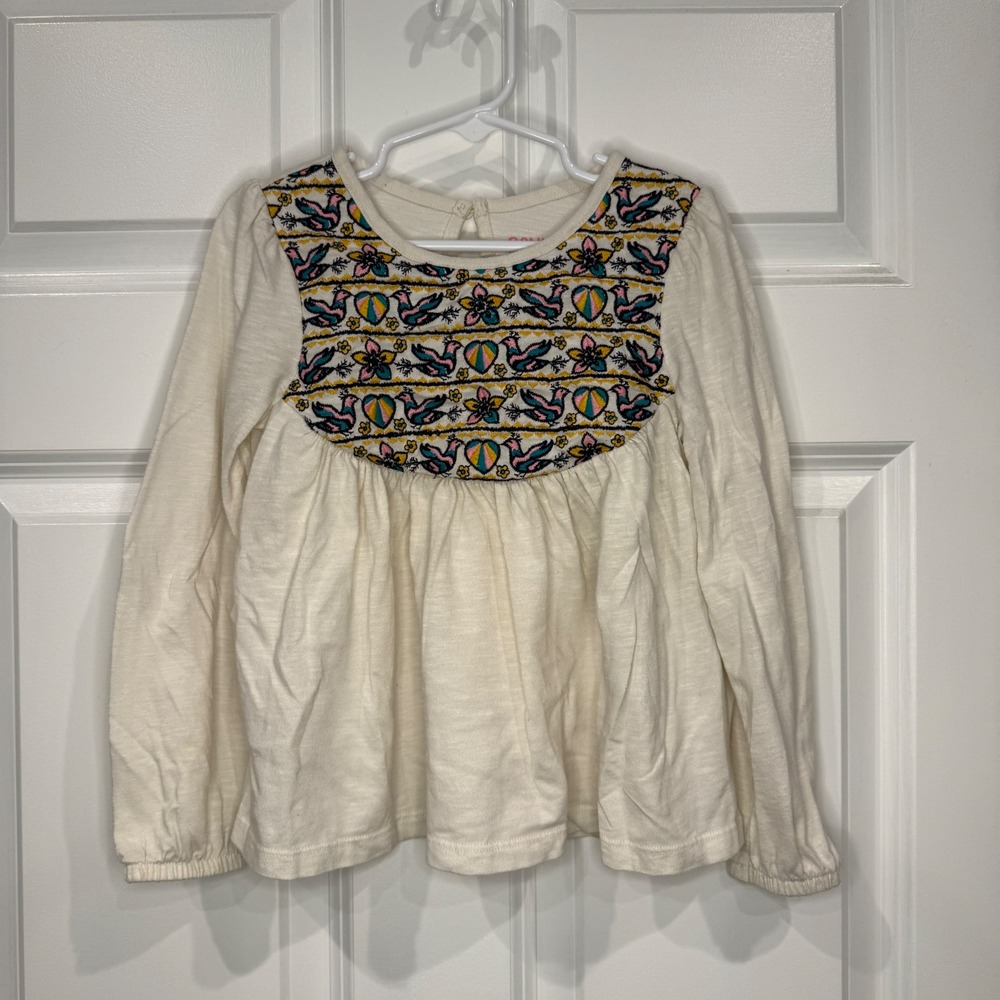 Cat & Jack Girls Cream Embroidered Bird Floral Long Sleeve Babydoll Shirt Size 5